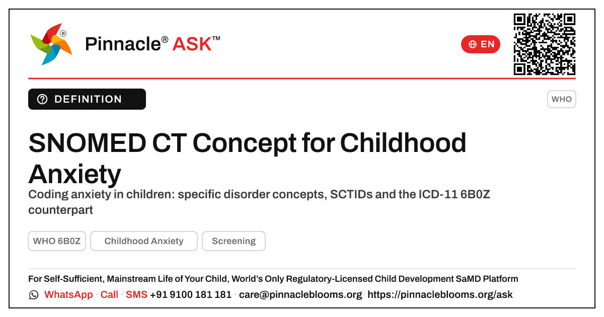 What is the SNOMED CT concept for Childhood Anxiety? — Pinnacle Ask answer card with a short explanation and QR link