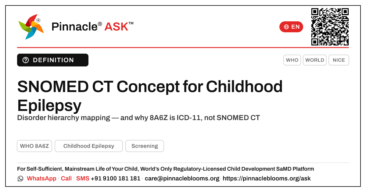 What is the SNOMED CT concept for Childhood Epilepsy? — Pinnacle Ask answer card with a short explanation and QR link