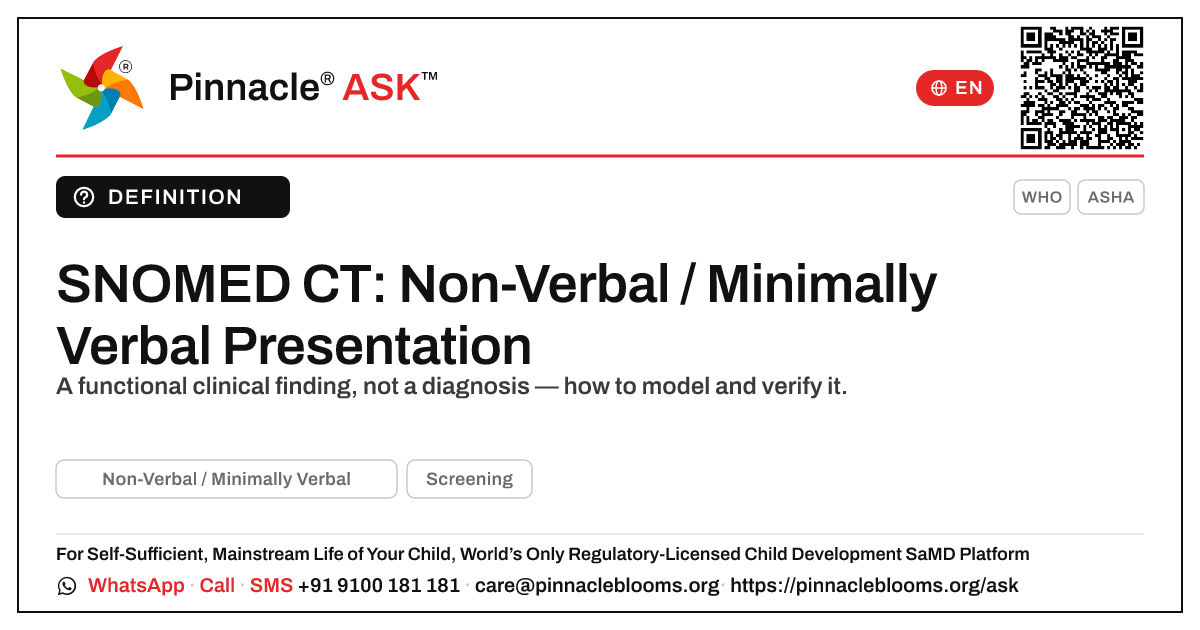 SNOMED CT Concept for Non-Verbal / Minimally Verbal Presentation — Pinnacle Ask answer card with a short explanation and QR link
