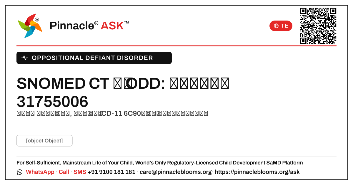 వ్యతిరేక ధిక్కార రుగ్మతకు SNOMED CT భావన ఏమిటి? — Pinnacle Ask answer card with a short explanation and QR link