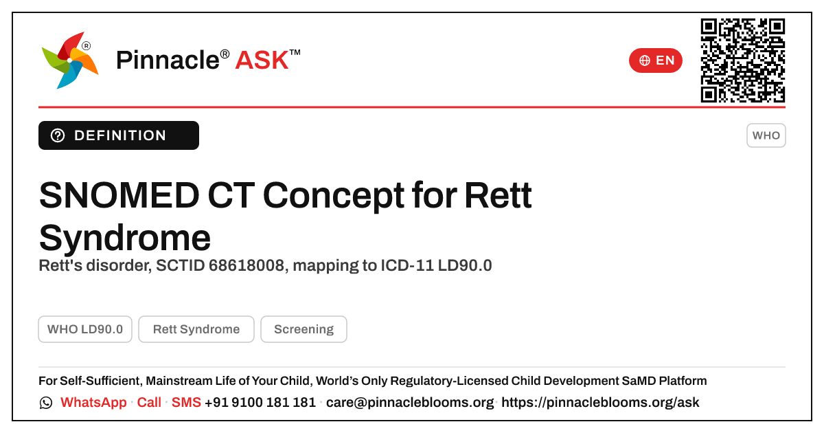 What is the SNOMED CT concept for Rett Syndrome? — Pinnacle Ask answer card with a short explanation and QR link