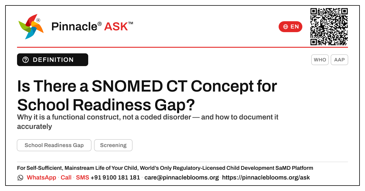 What is the SNOMED CT concept for School Readiness Gap? — Pinnacle Ask answer card with a short explanation and QR link