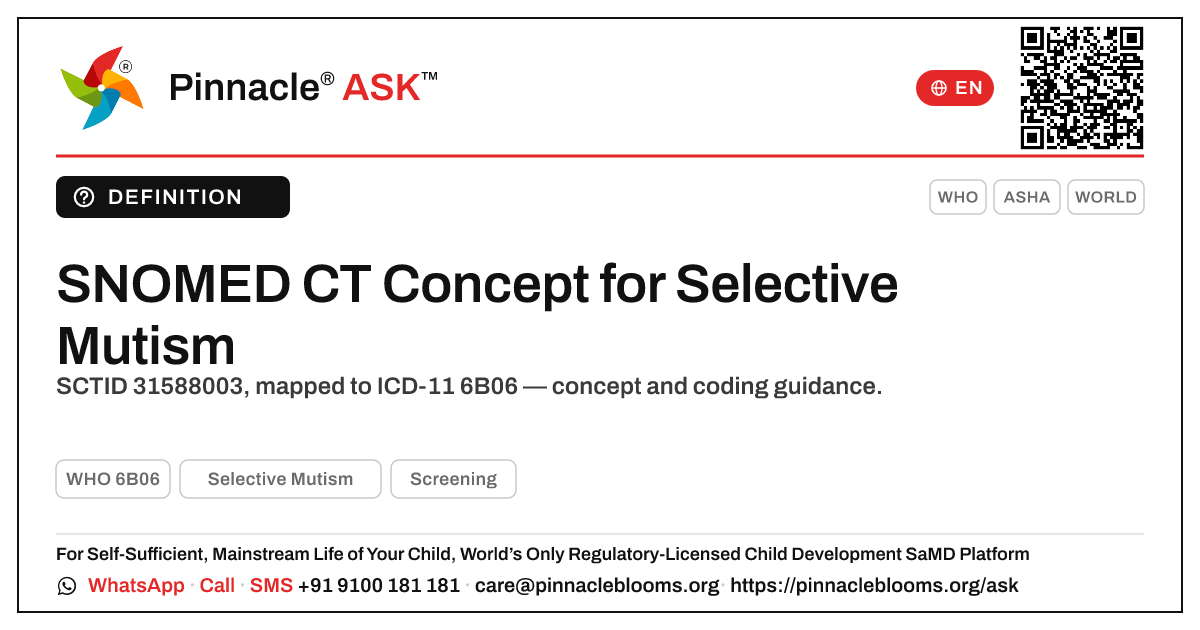 SNOMED CT Concept for Selective Mutism — Pinnacle Ask answer card with a short explanation and QR link
