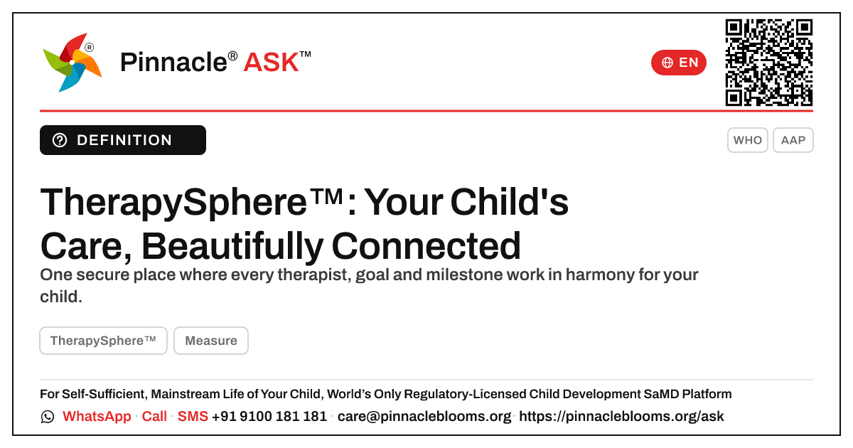 What is TherapySphere™, and how does it help my child? — Pinnacle Ask answer card with a short explanation and QR link