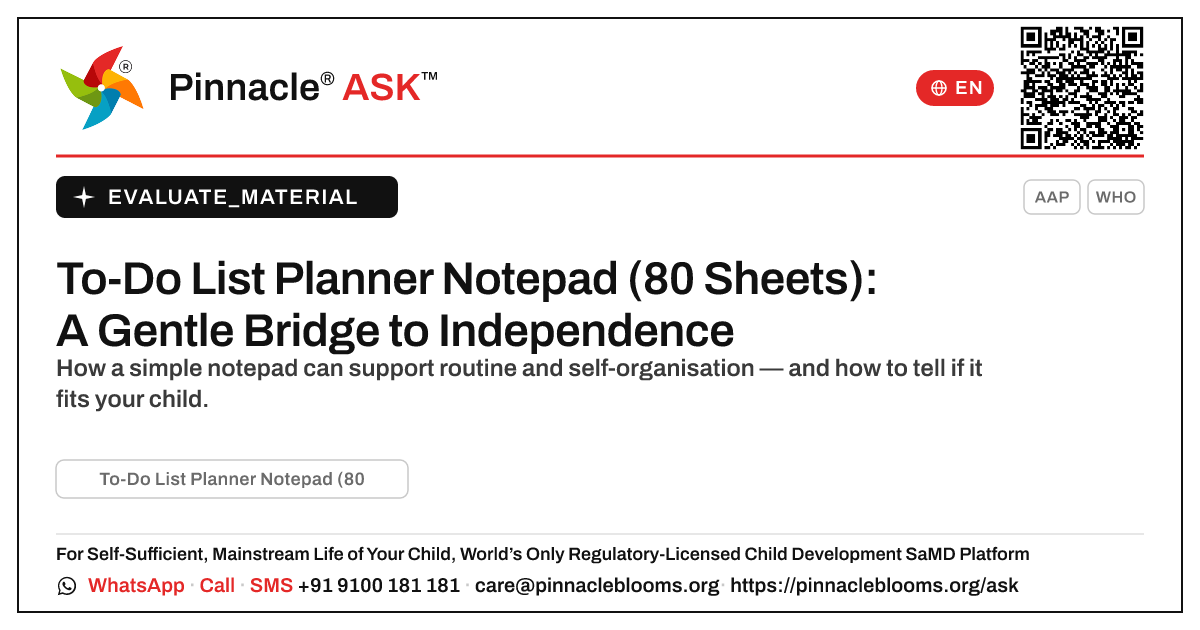 What is To-Do List Planner Notepad (80 Sheets), and is it right for my child? — Pinnacle Ask answer card with a short explanation and QR link