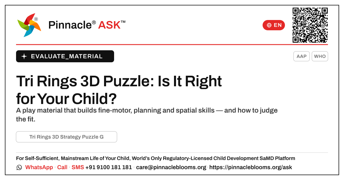 What is Tri Rings 3D Strategy Puzzle Game, and is it right for my child? — Pinnacle Ask answer card with a short explanation and QR link