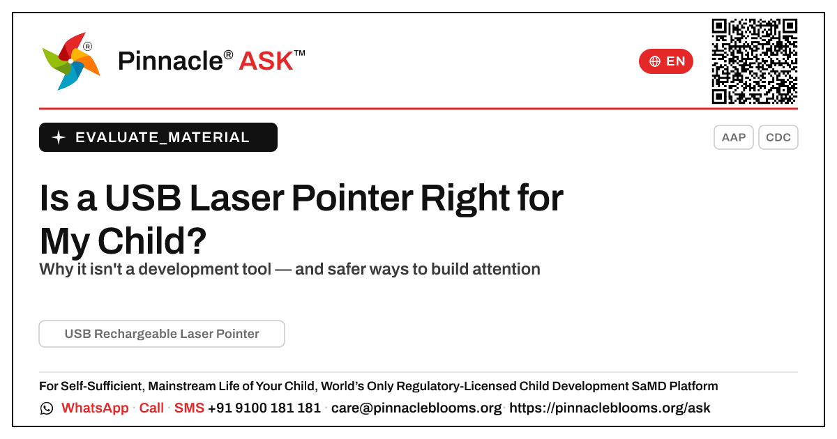 What is a USB Rechargeable Laser Pointer, and is it right for my child? — Pinnacle Ask answer card with a short explanation and QR link