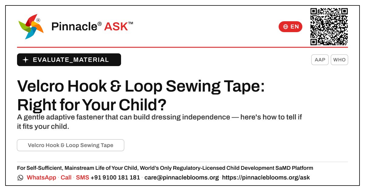 What is Velcro Hook & Loop Sewing Tape, and is it right for my child? — Pinnacle Ask answer card with a short explanation and QR link
