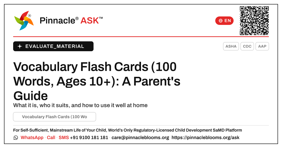 Vocabulary Flash Cards (100 Words, Ages 10+): Is It Right for Your Child? — Pinnacle Ask answer card with a short explanation and QR link