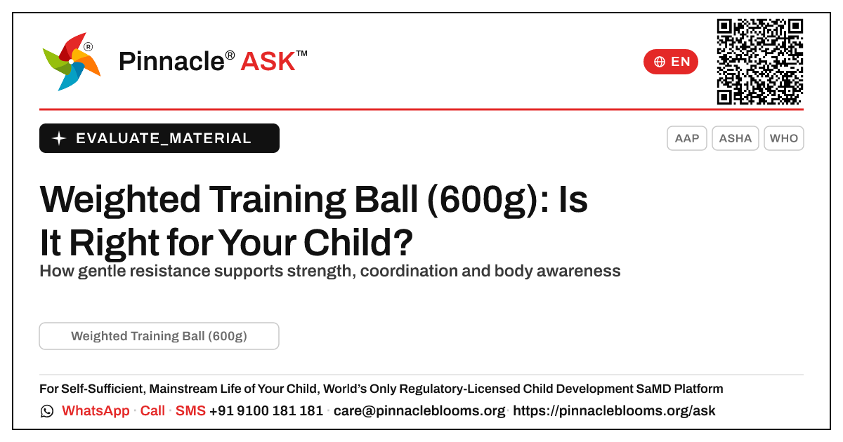What is a Weighted Training Ball (600g), and is it right for my child? — Pinnacle Ask answer card with a short explanation and QR link