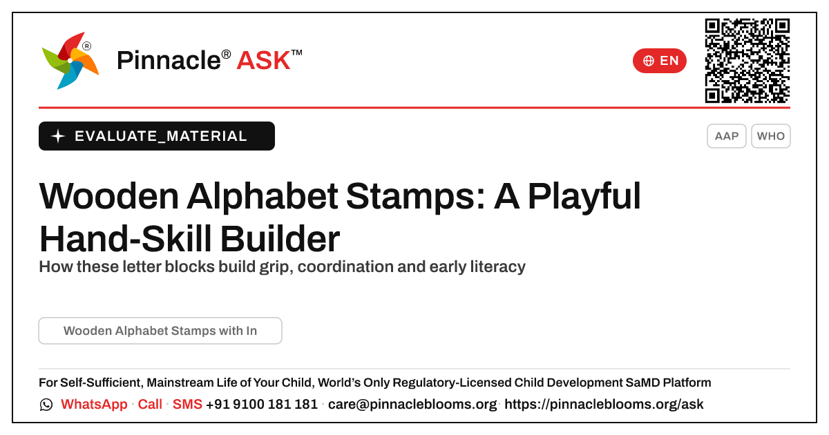 What is Wooden Alphabet Stamps with Ink Box, and is it right for my child? — Pinnacle Ask answer card with a short explanation and QR link