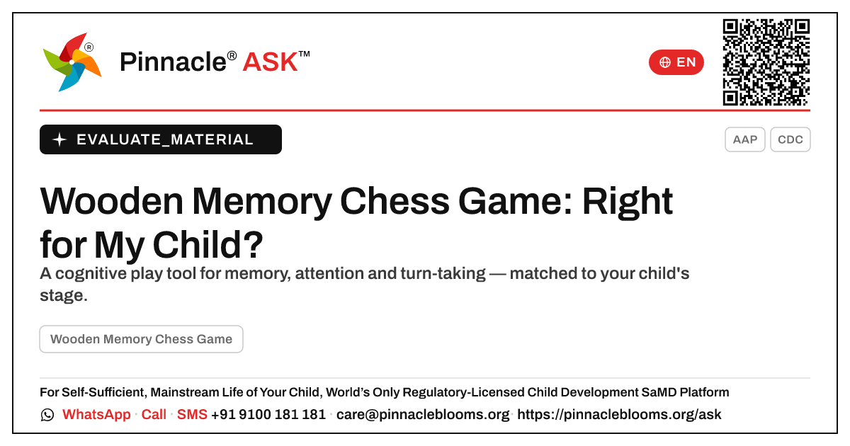 Wooden Memory Chess Game: Is It Right for Your Child? — Pinnacle Ask answer card with a short explanation and QR link