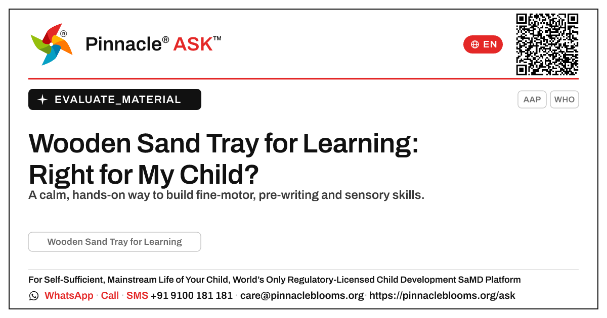 What is Wooden Sand Tray for Learning, and is it right for my child? — Pinnacle Ask answer card with a short explanation and QR link