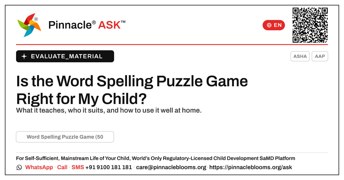 Word Spelling Puzzle Game (50 Words): Is It Right for My Child? — Pinnacle Ask answer card with a short explanation and QR link
