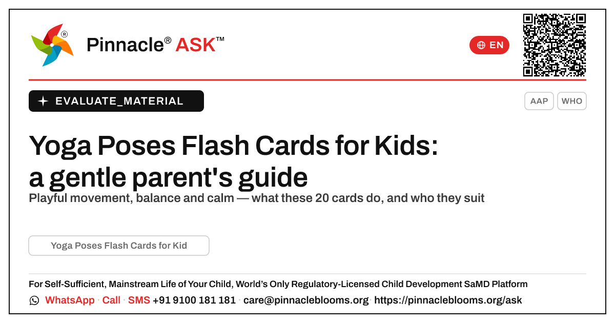 What is Yoga Poses Flash Cards for Kids (20 Cards), and is it right for my child? — Pinnacle Ask answer card with a short explanation and QR link