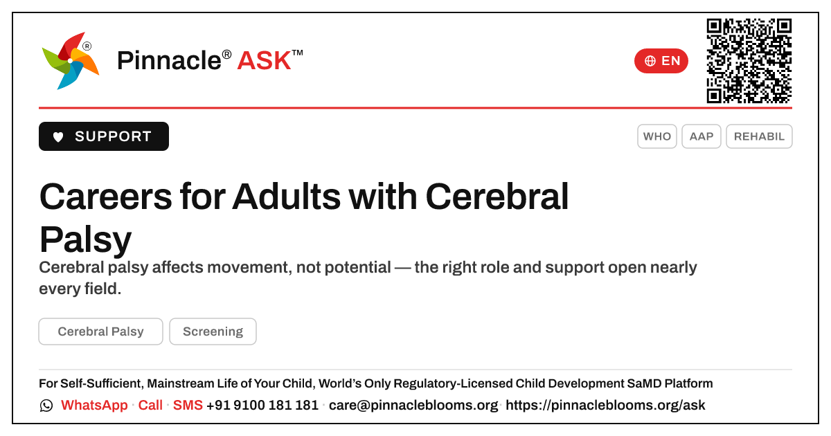 Career and Job Options for Adults with Cerebral Palsy — Pinnacle Ask answer card with a short explanation and QR link