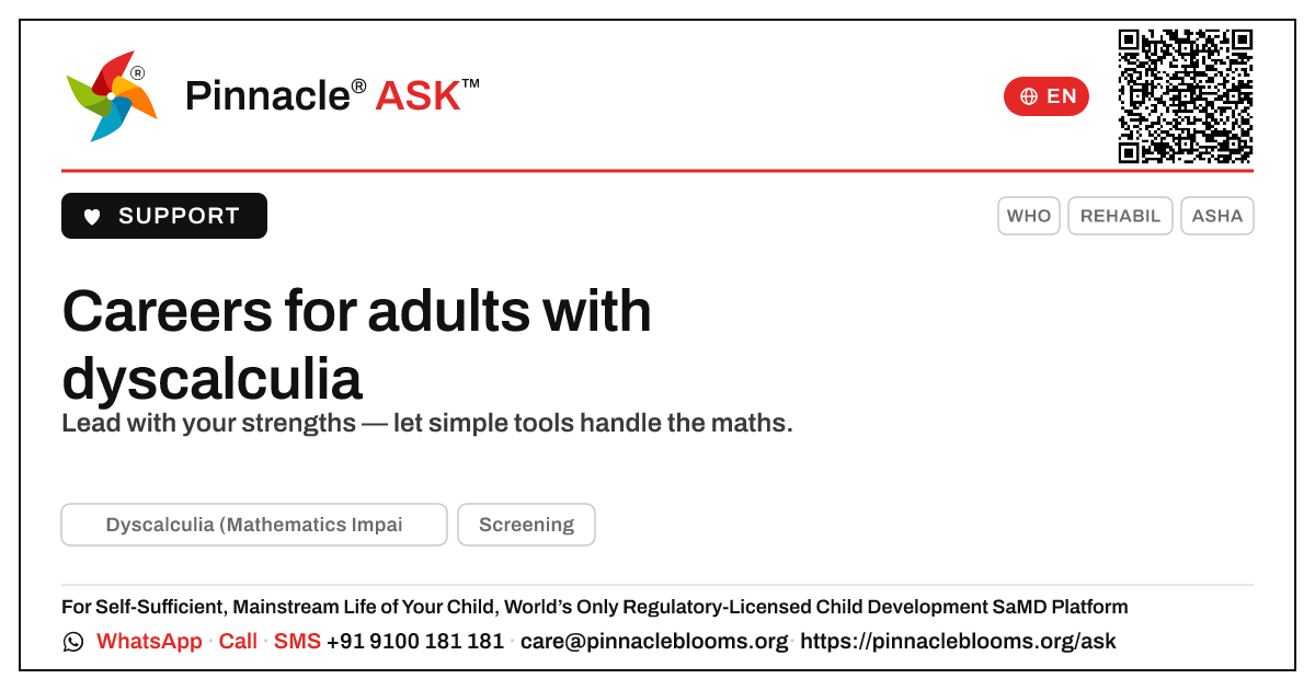 Career and job options for adults with dyscalculia — Pinnacle Ask answer card with a short explanation and QR link