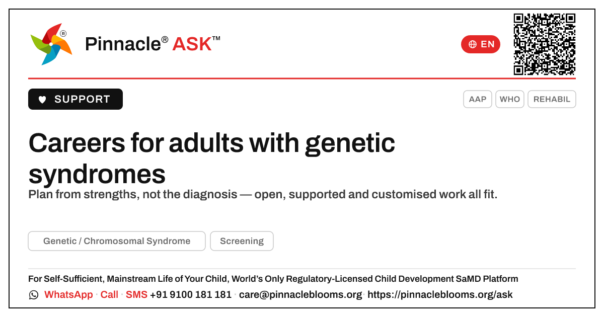 What job or career options exist for an adult with a genetic syndrome? — Pinnacle Ask answer card with a short explanation and QR link