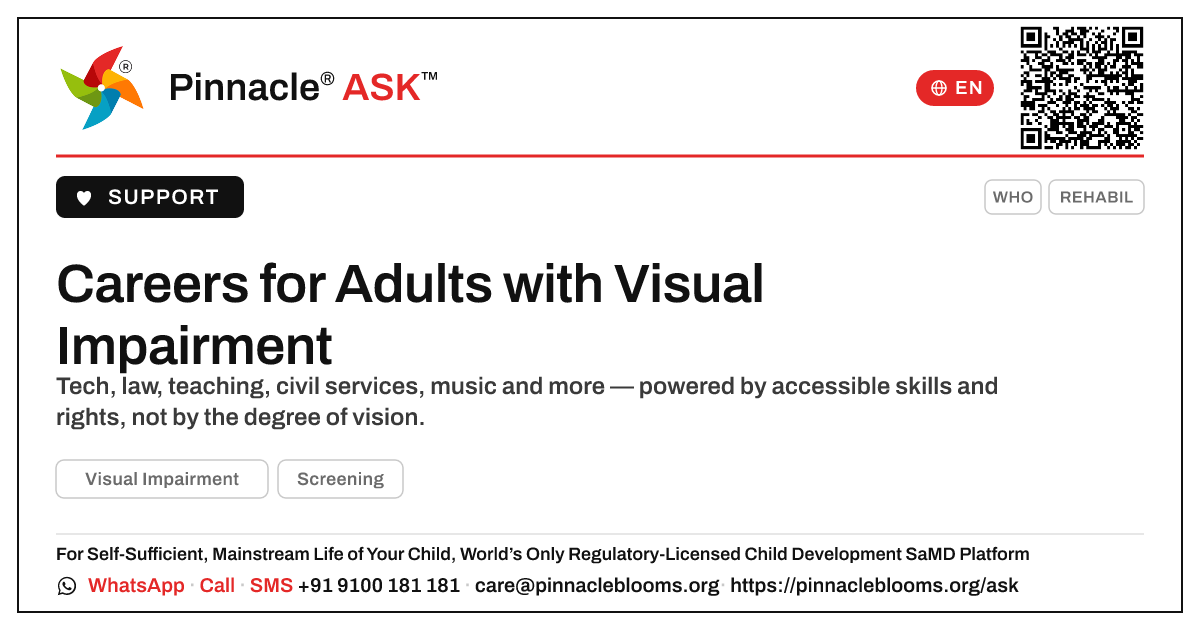 What job or career options exist for an adult with Visual Impairment? — Pinnacle Ask answer card with a short explanation and QR link