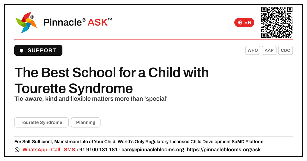 Best School for a Child with Tourette Syndrome — Pinnacle Ask answer card with a short explanation and QR link