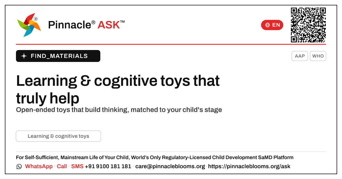 What learning and cognitive development toys help my child? — Pinnacle Ask answer card with a short explanation and QR link