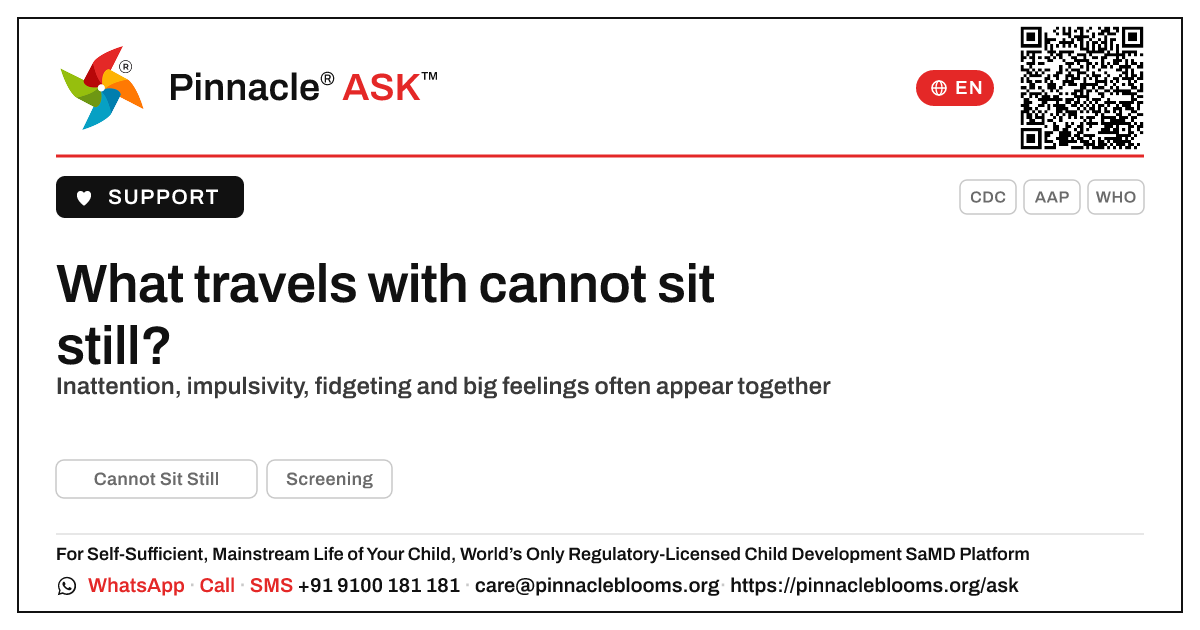 What other behaviours often occur with cannot sit still? — Pinnacle Ask answer card with a short explanation and QR link