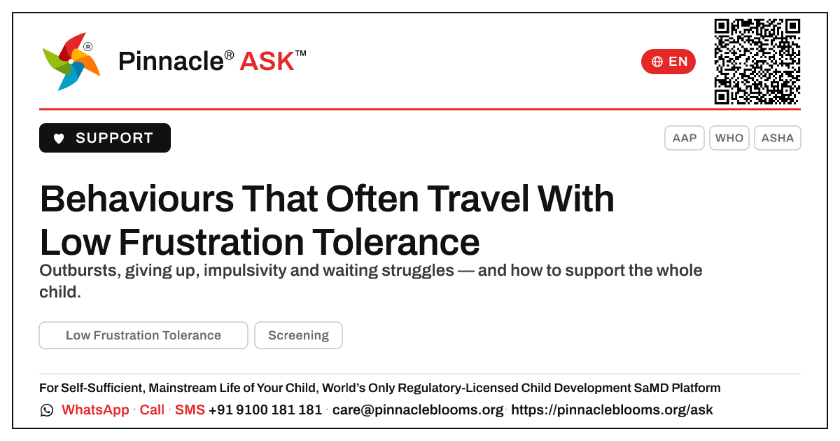 What other behaviours often occur with low frustration tolerance? — Pinnacle Ask answer card with a short explanation and QR link