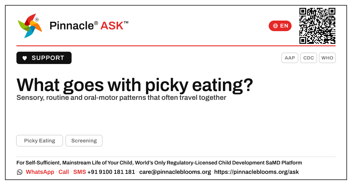 What other behaviours often occur with picky eating? — Pinnacle Ask answer card with a short explanation and QR link
