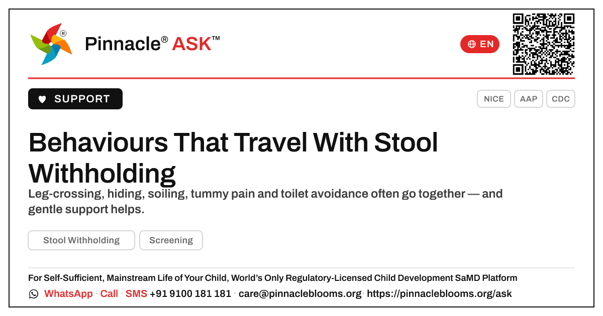 What Other Behaviours Often Occur With Stool Withholding? — Pinnacle Ask answer card with a short explanation and QR link