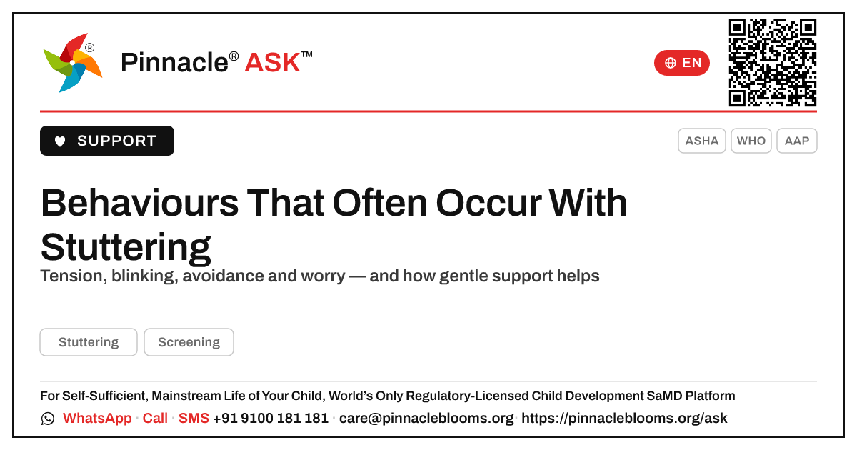 What Other Behaviours Often Occur With Stuttering? — Pinnacle Ask answer card with a short explanation and QR link