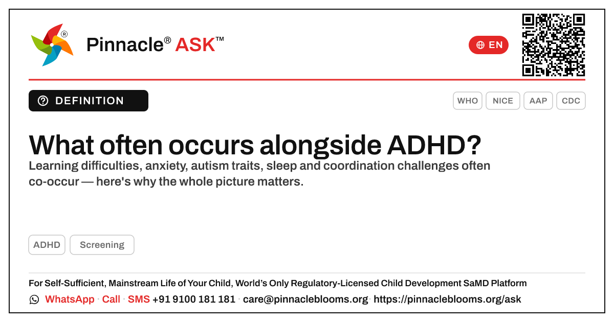 What other conditions often occur alongside ADHD? — Pinnacle Ask answer card with a short explanation and QR link