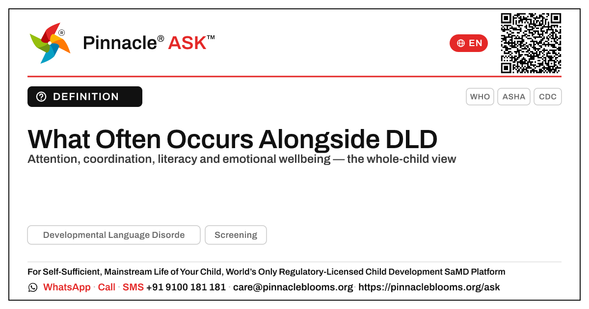What other conditions often occur alongside DLD? — Pinnacle Ask answer card with a short explanation and QR link