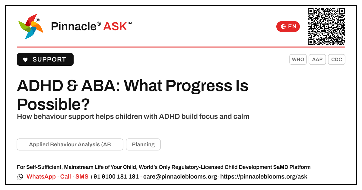 What progress can a child with ADHD make with ABA? — Pinnacle Ask answer card with a short explanation and QR link