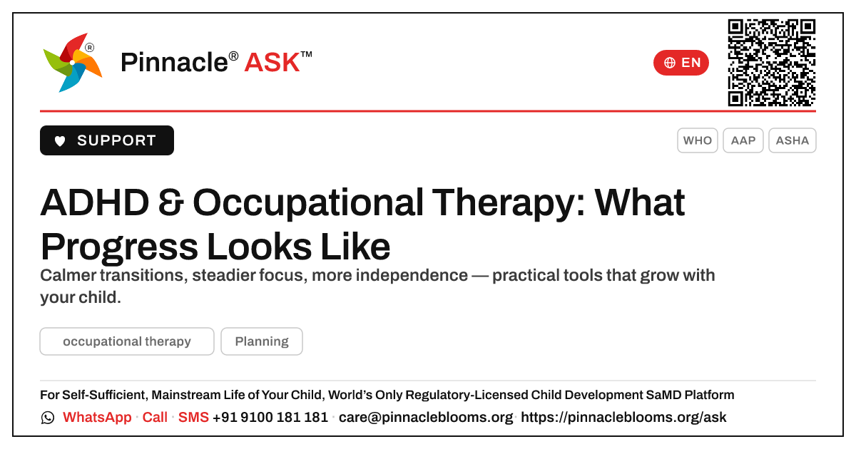 What progress can a child with ADHD make with occupational therapy? — Pinnacle Ask answer card with a short explanation and QR link