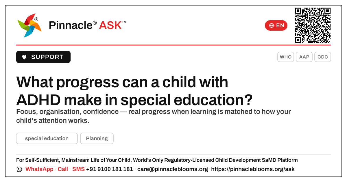 What progress can a child with ADHD make with special education? — Pinnacle Ask answer card with a short explanation and QR link