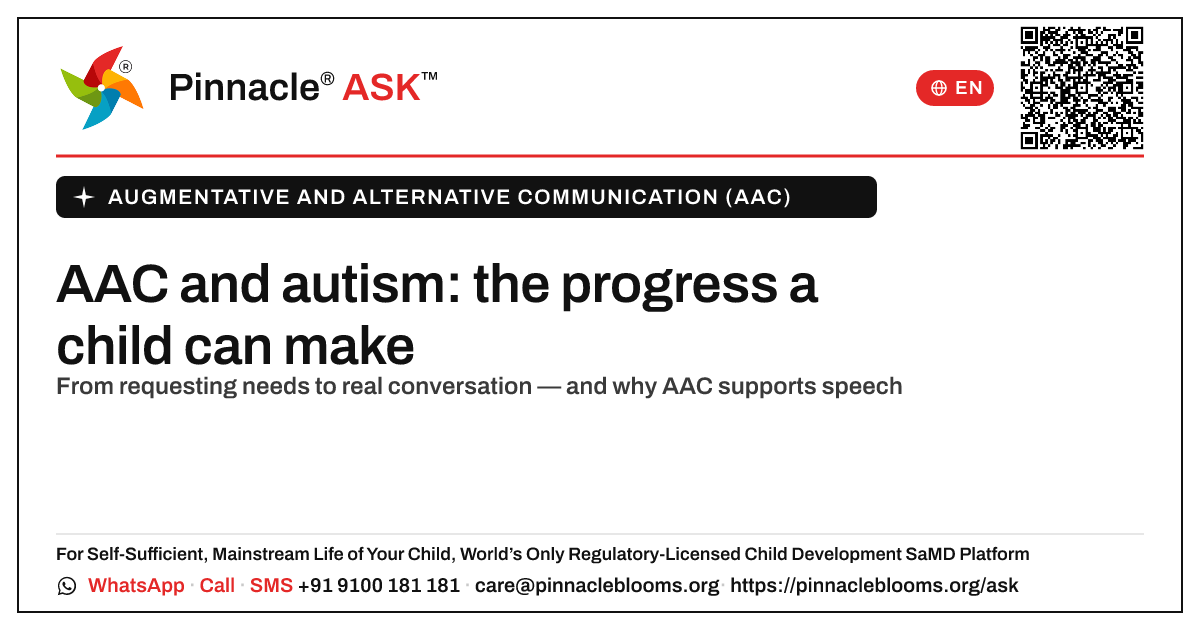 What progress can a child with autism make with AAC? — Pinnacle Ask answer card with a short explanation and QR link