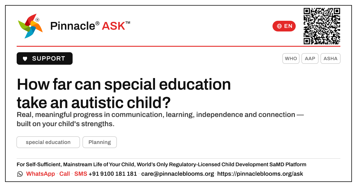 What progress can a child with Autism Spectrum make with special education? — Pinnacle Ask answer card with a short explanation and QR link