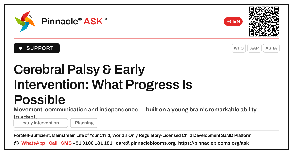 What progress can a child with Cerebral Palsy make with early intervention? — Pinnacle Ask answer card with a short explanation and QR link