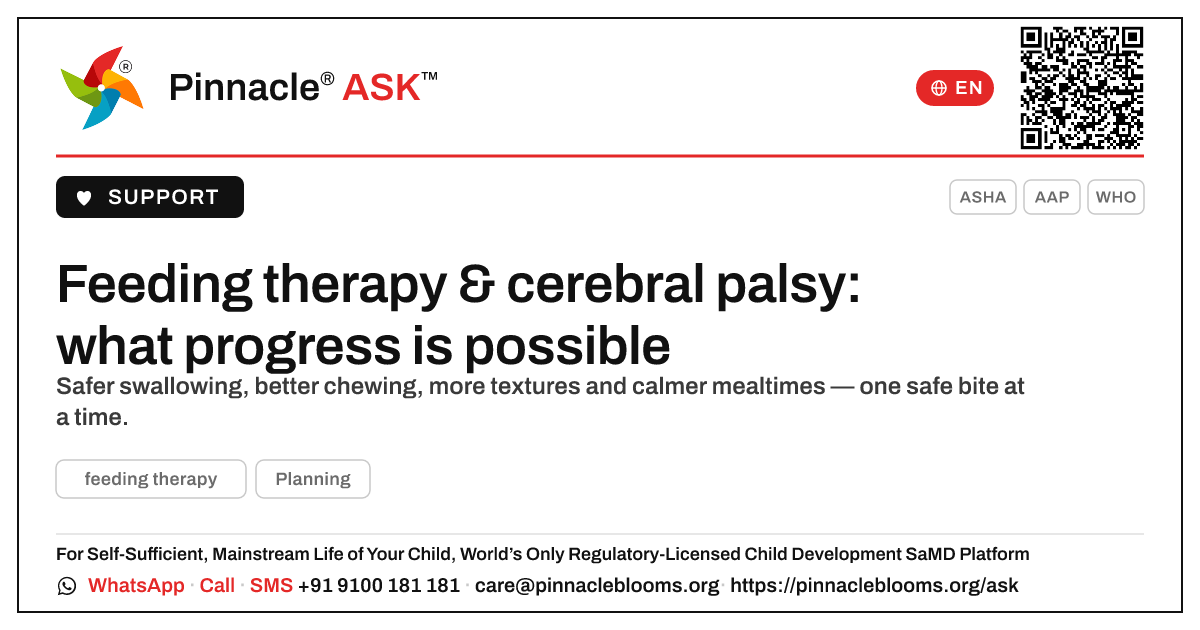 What progress can a child with cerebral palsy make with feeding therapy? — Pinnacle Ask answer card with a short explanation and QR link