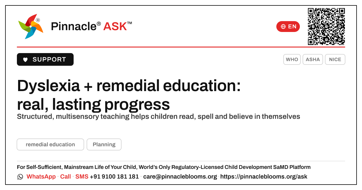 What progress can a child with dyslexia make with remedial education? — Pinnacle Ask answer card with a short explanation and QR link