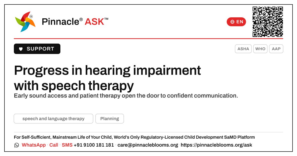 What progress can a child with hearing impairment make with speech therapy? — Pinnacle Ask answer card with a short explanation and QR link