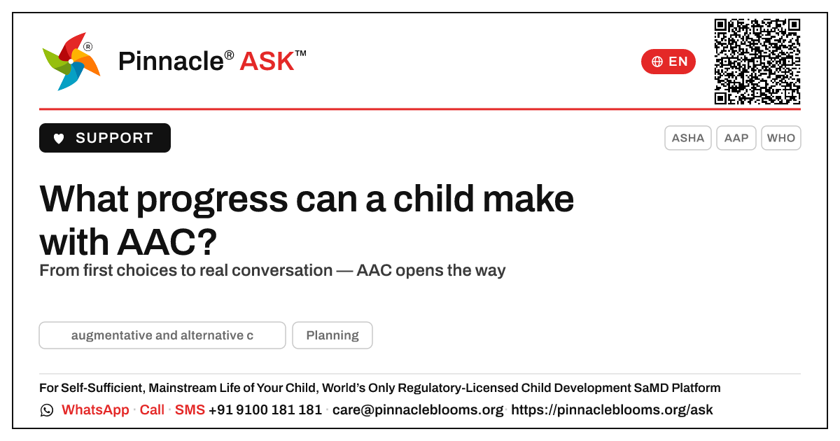 What progress can a child with Intellectual Disability make with AAC? — Pinnacle Ask answer card with a short explanation and QR link
