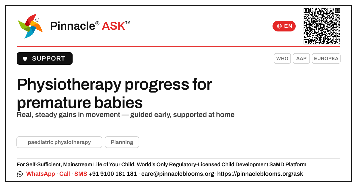 Physiotherapy progress for premature babies — Pinnacle Ask answer card with a short explanation and QR link