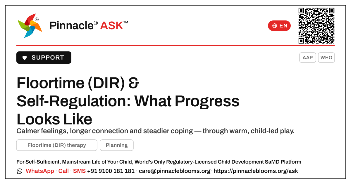 What Progress Can a Child Make with Floortime (DIR) for Self-Regulation? — Pinnacle Ask answer card with a short explanation and QR link