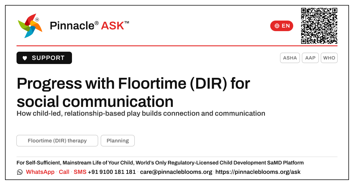 What progress can a child with social communication difficulties make with Floortime (DIR) therapy? — Pinnacle Ask answer card with a short explanation and QR link