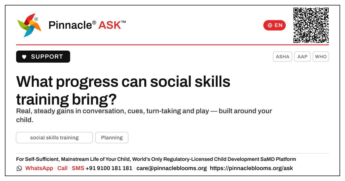 What progress can a child make with social skills training? — Pinnacle Ask answer card with a short explanation and QR link