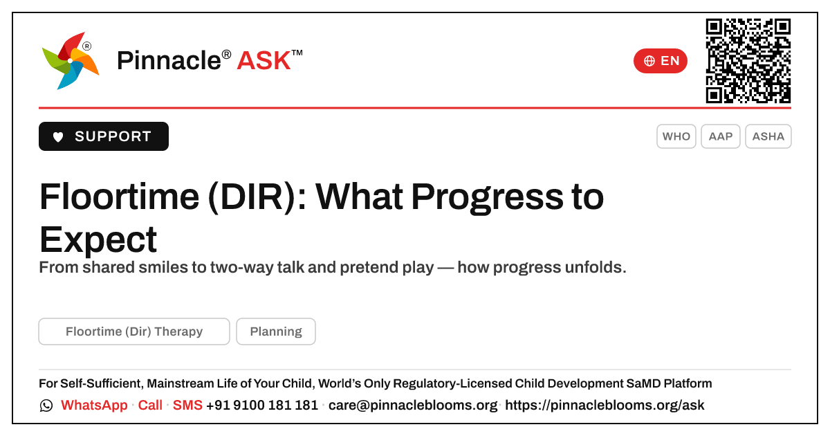 What Progress to Expect from Floortime (DIR) Therapy — Pinnacle Ask answer card with a short explanation and QR link