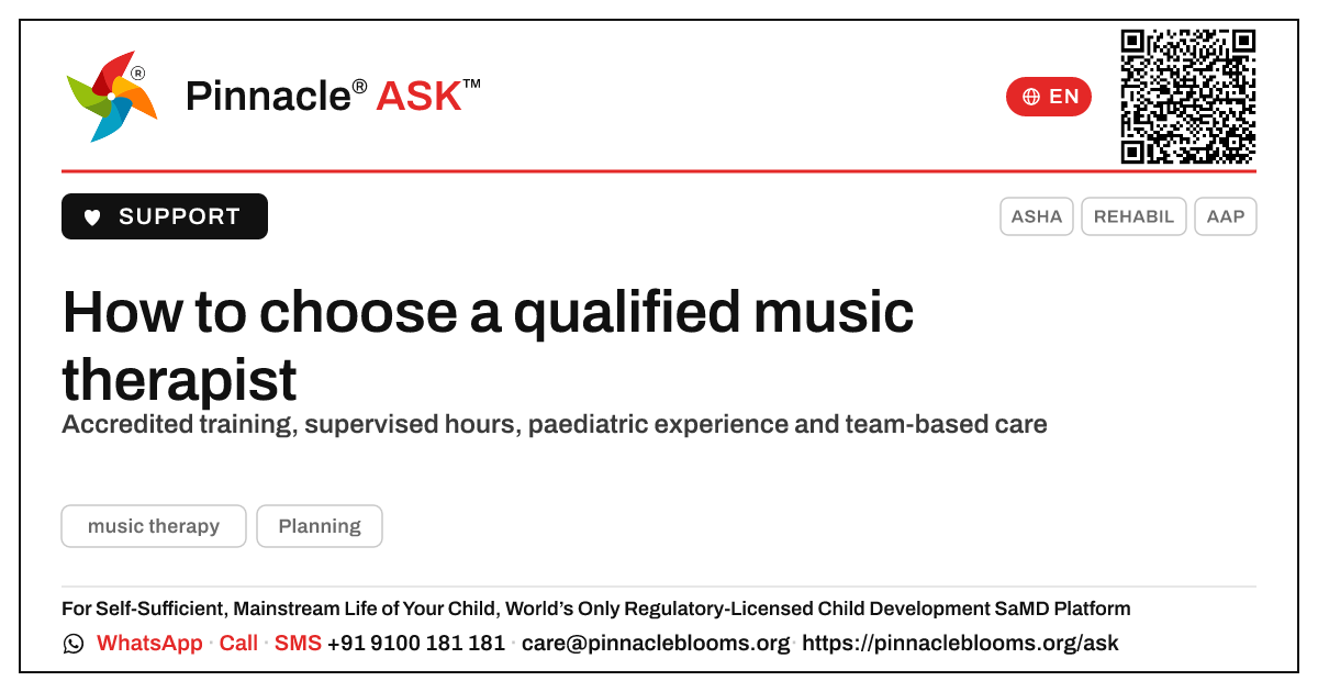 What qualifications should a music therapist have? — Pinnacle Ask answer card with a short explanation and QR link