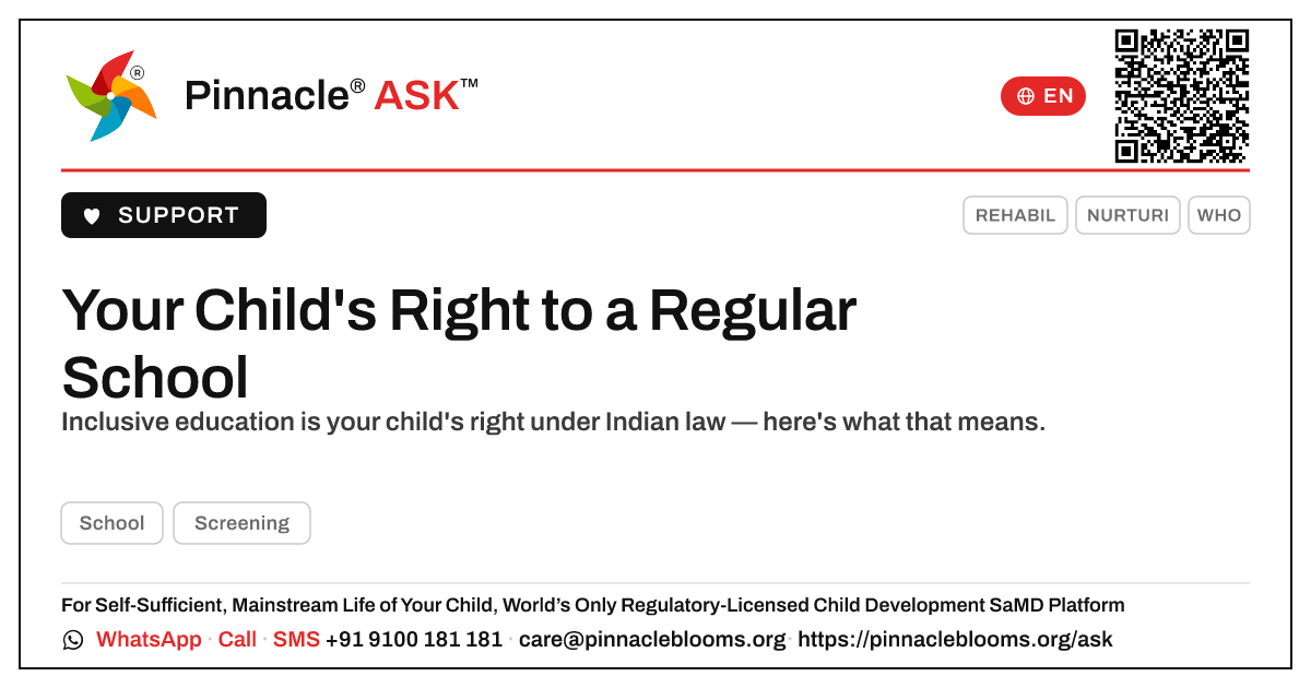 What rights does my child have to attend a regular school? — Pinnacle Ask answer card with a short explanation and QR link