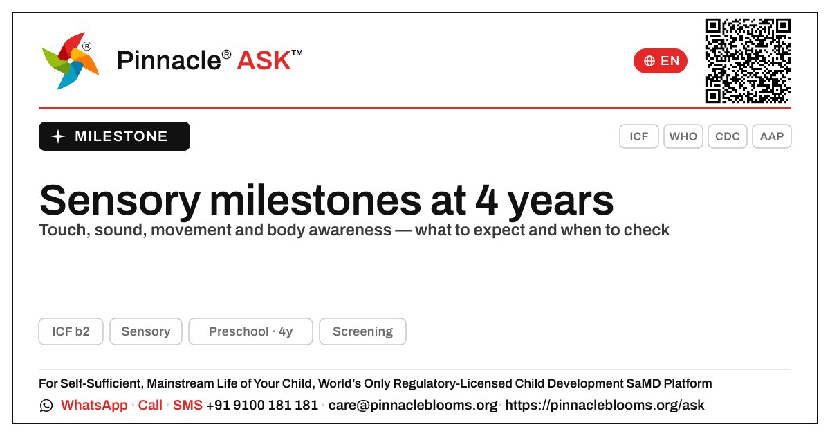 What Sensory milestones should my 4-year-old have reached? — Pinnacle Ask answer card with a short explanation and QR link